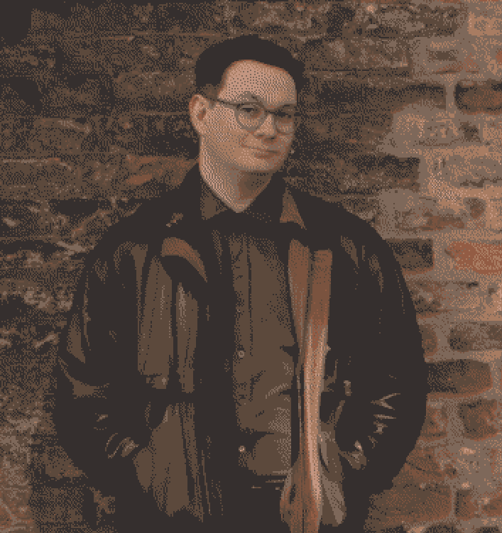 A dithered image of a man leaning against a brick wall.